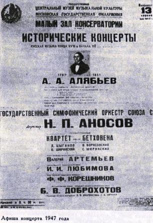 Афиша исторического концерта из произведений А.А.Алябьева 13 апреля 1947 г. в Москве